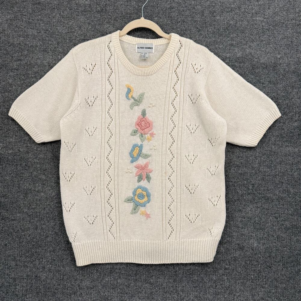 Vintage Alfred Dunner Sweater Womens M White Floral Embroidered Beaded Cottage